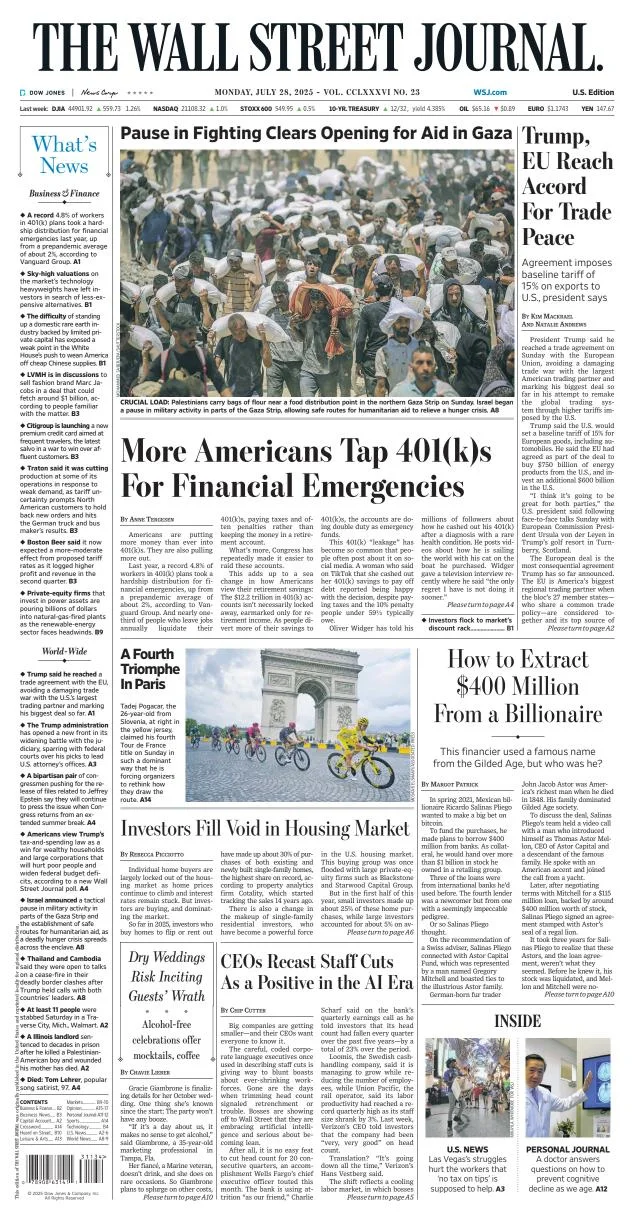 Portada de The Wall Street Journal del lunes, 28 de julio de 2025