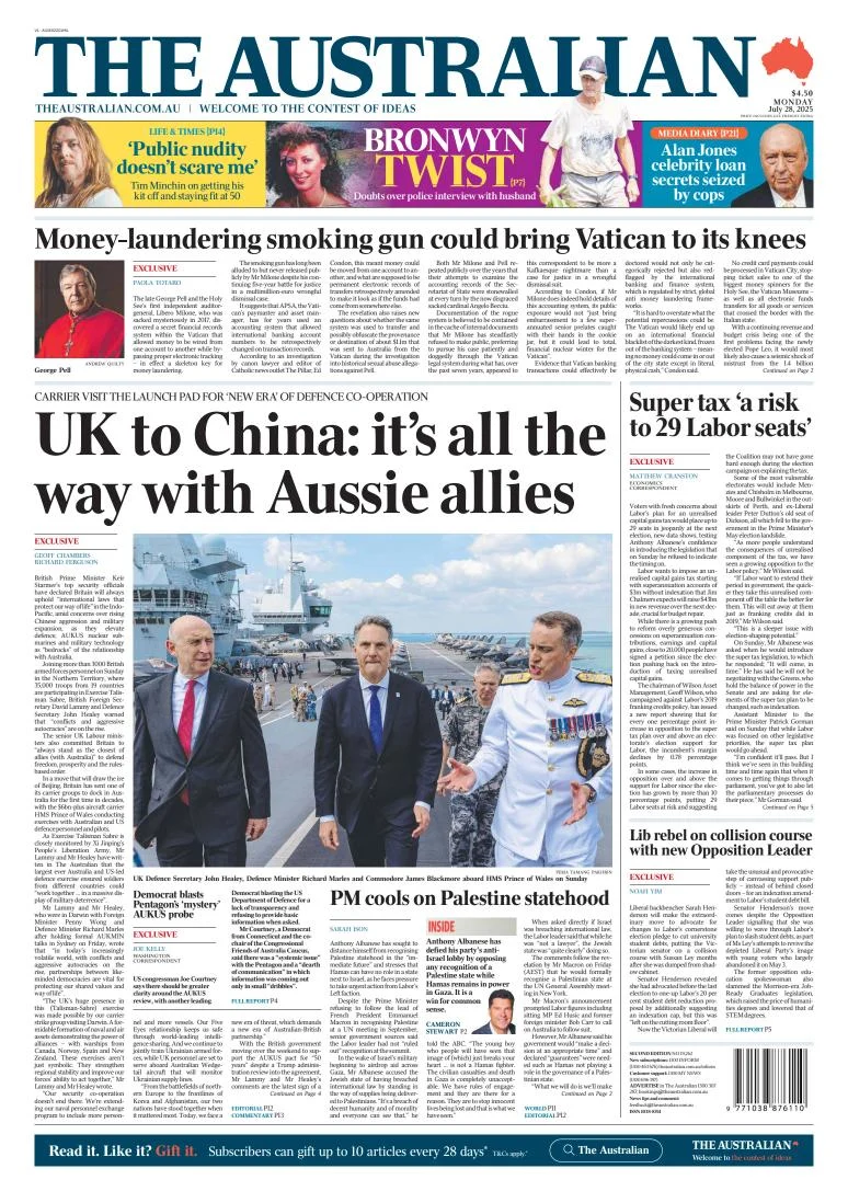 Portada de The Australian del lunes, 28 de julio de 2025