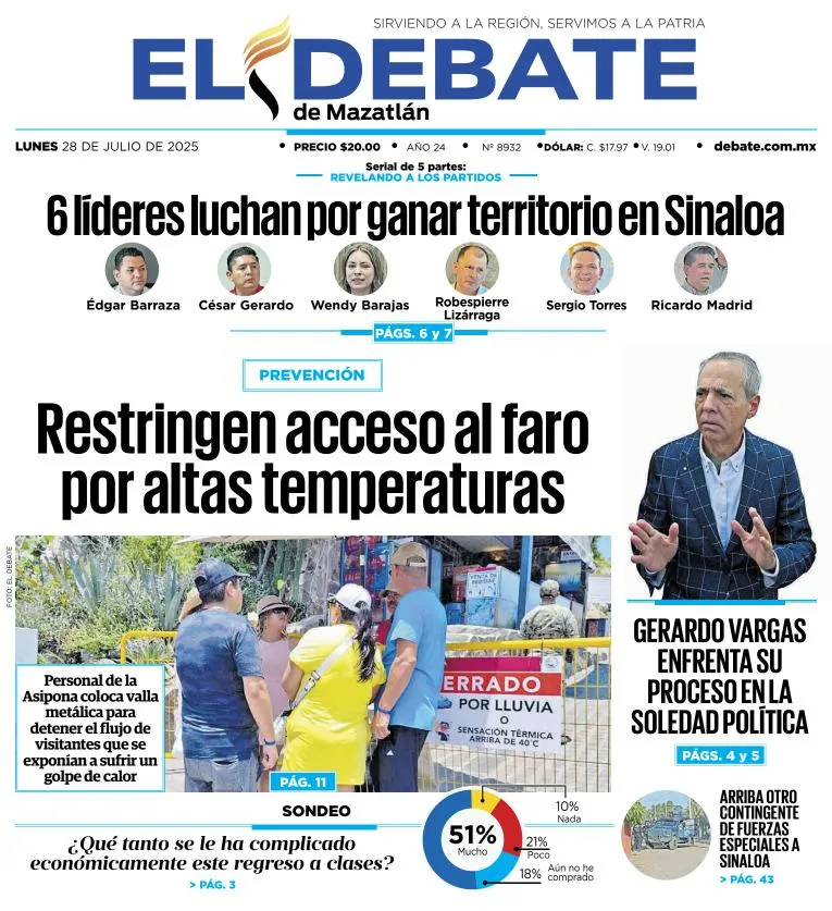 Portada de El Debate de Mazatlan del lunes, 28 de julio de 2025