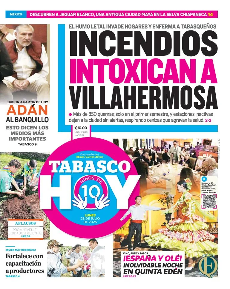 Portada de Tabasco Hoy del lunes, 28 de julio de 2025