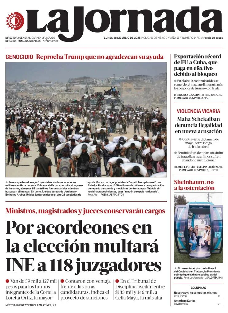 Portada de La Jornada del lunes, 28 de julio de 2025