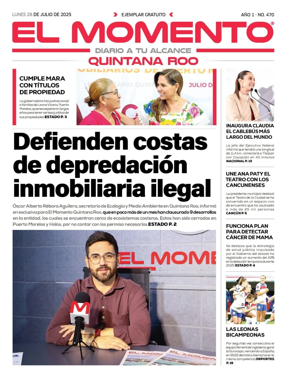 Portada de El Momento Quintana Roo del lunes, 28 de julio de 2025