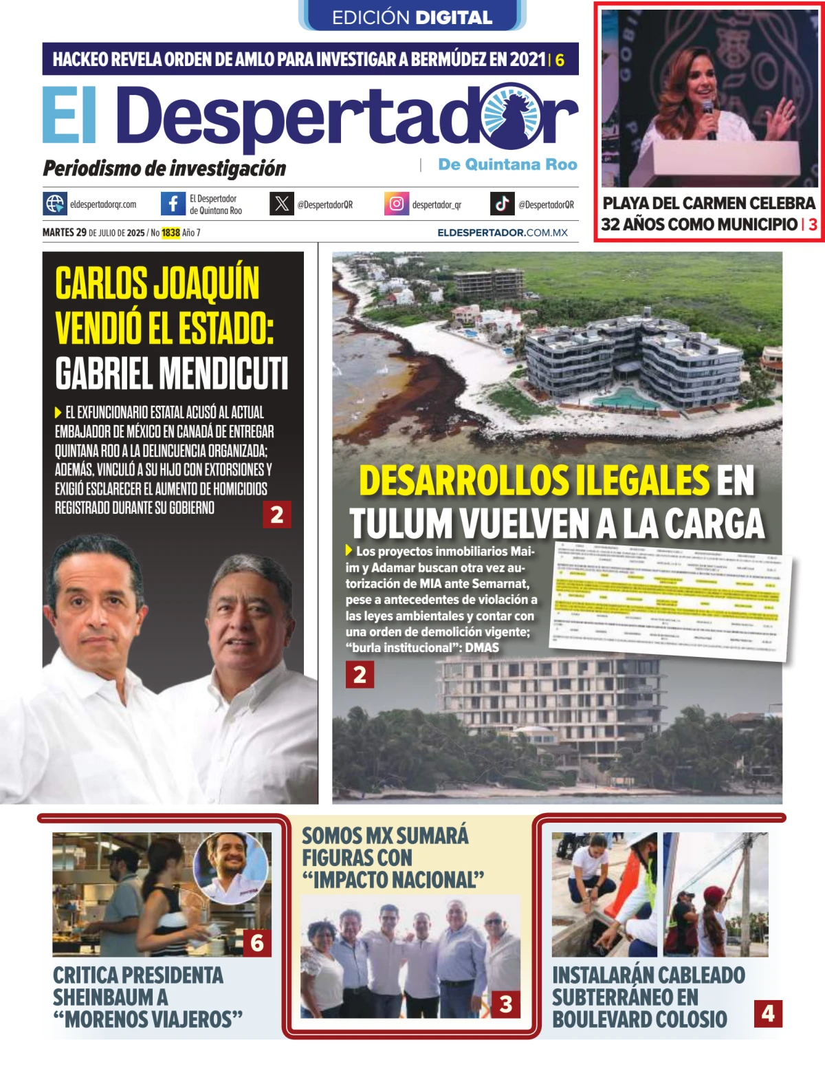 Portada de El Despertador de Quintana Roo del martes, 29 de julio de 2025