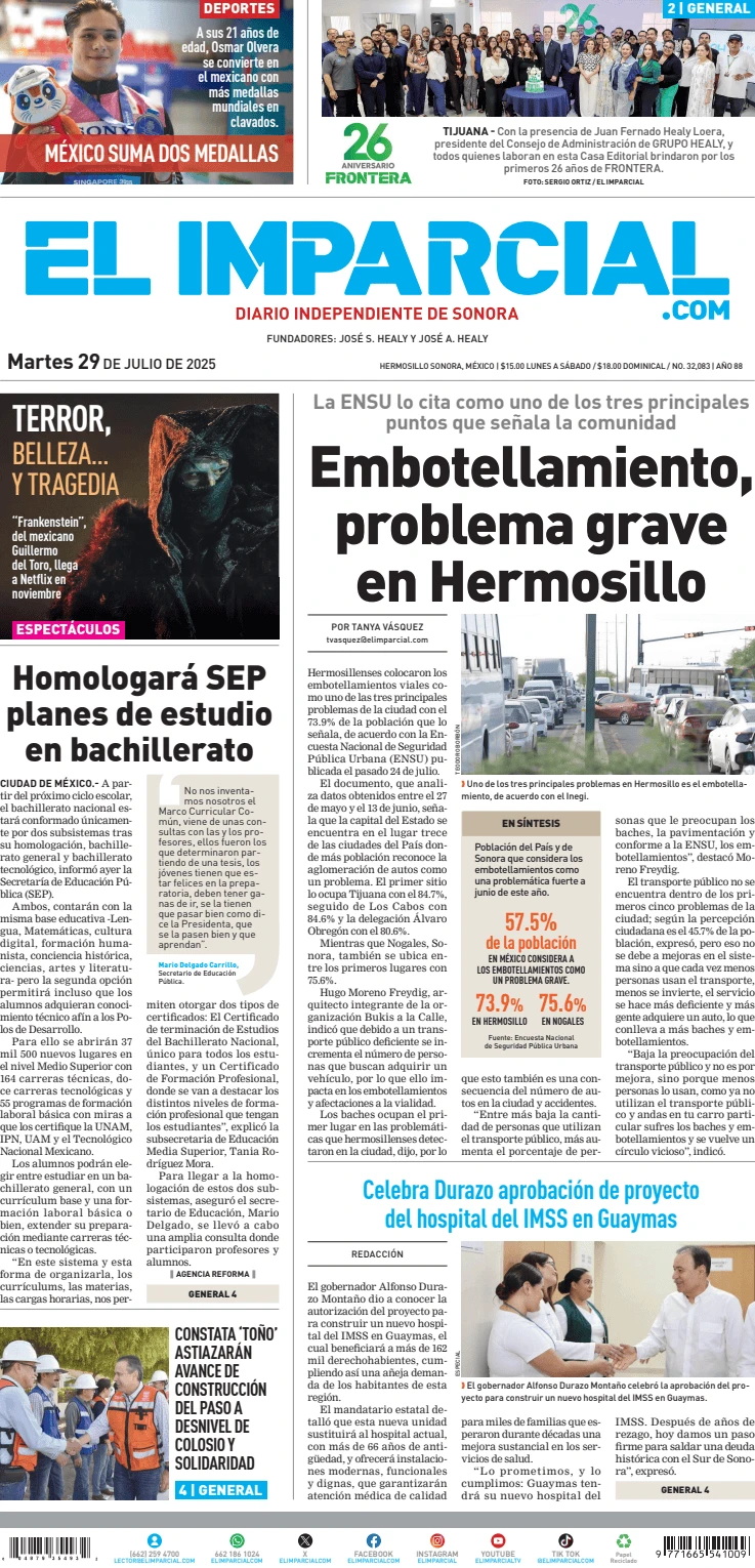 Portada de El Imparcial del martes, 29 de julio de 2025