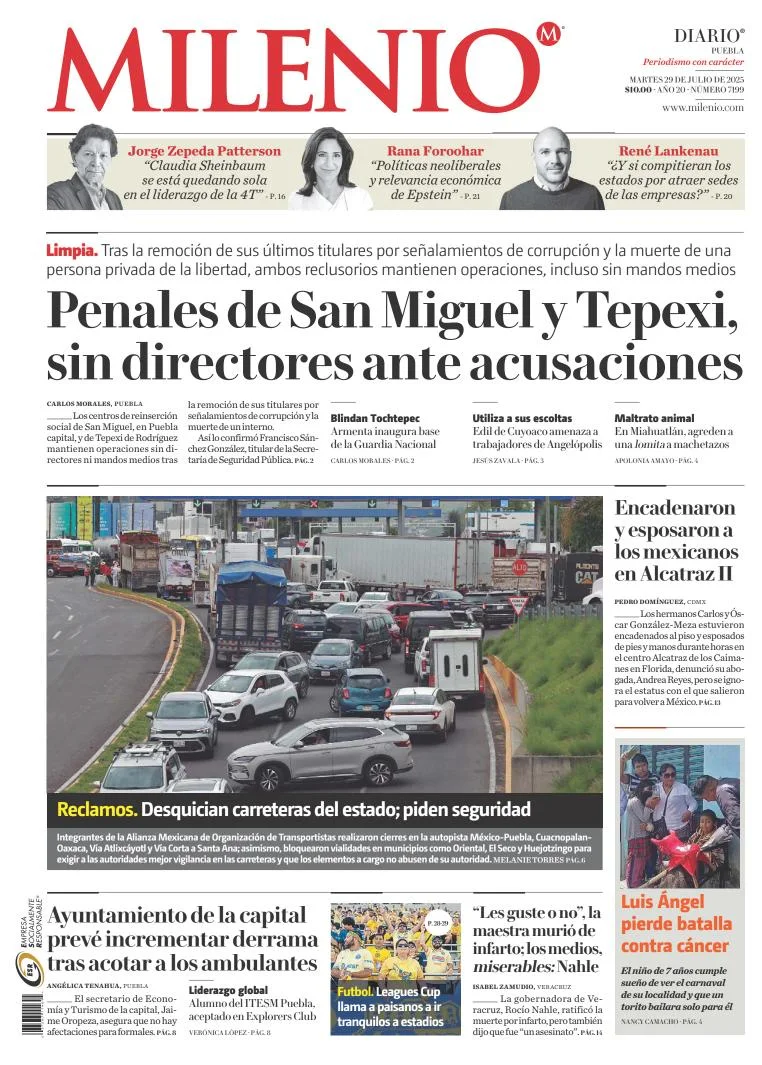 Portada de Milenio Puebla del martes, 29 de julio de 2025