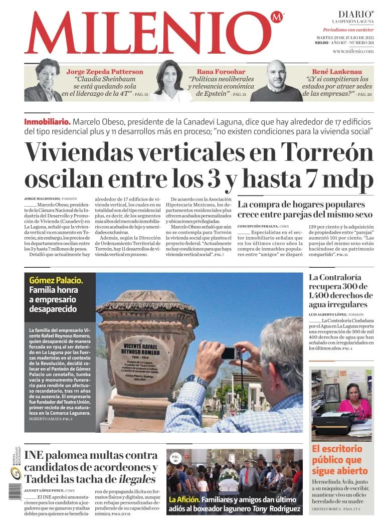 Portada de Milenio Laguna del martes, 29 de julio de 2025