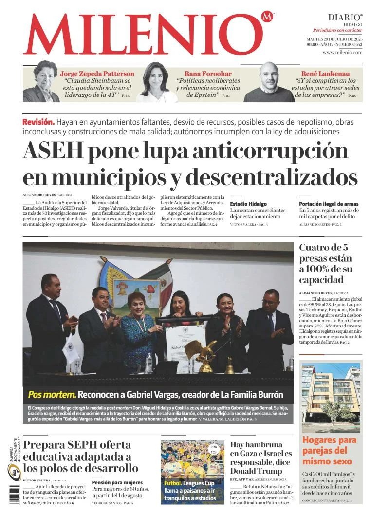 Portada de Milenio Hidalgo del martes, 29 de julio de 2025