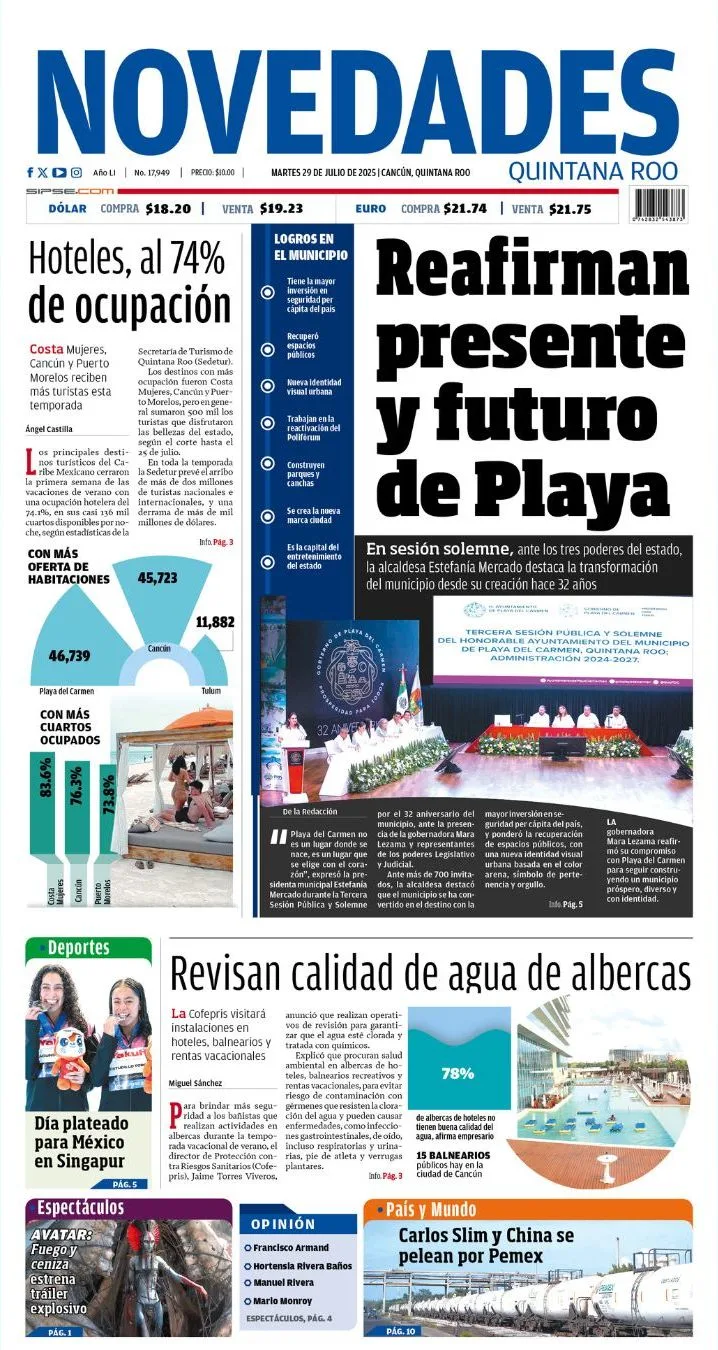 Portada de Novedades Quintana Roo del martes, 29 de julio de 2025