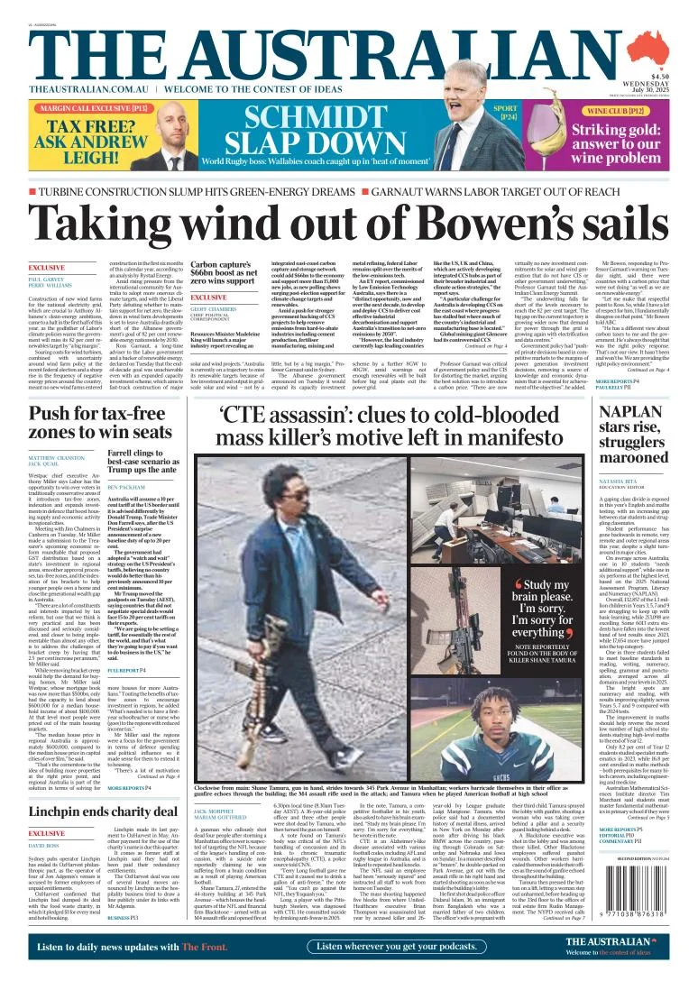 Portada de The Australian del miércoles, 30 de julio de 2025