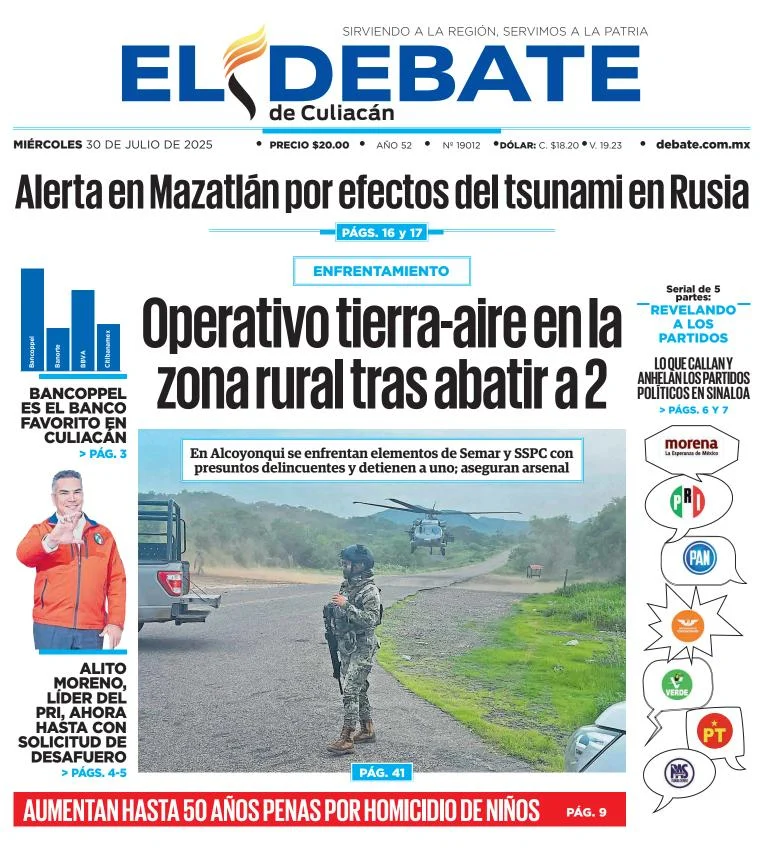 Portada de El Debate de Culiacan del miércoles, 30 de julio de 2025