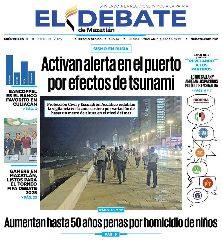 Portada de El Debate de Mazatlan del miércoles, 30 de julio de 2025