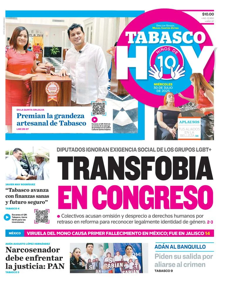 Portada de Tabasco Hoy del miércoles, 30 de julio de 2025