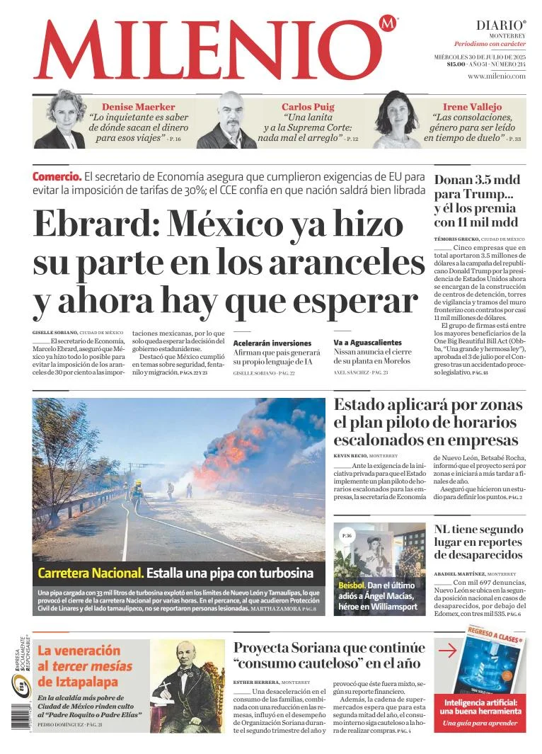 Portada de MILENIO del miércoles, 30 de julio de 2025