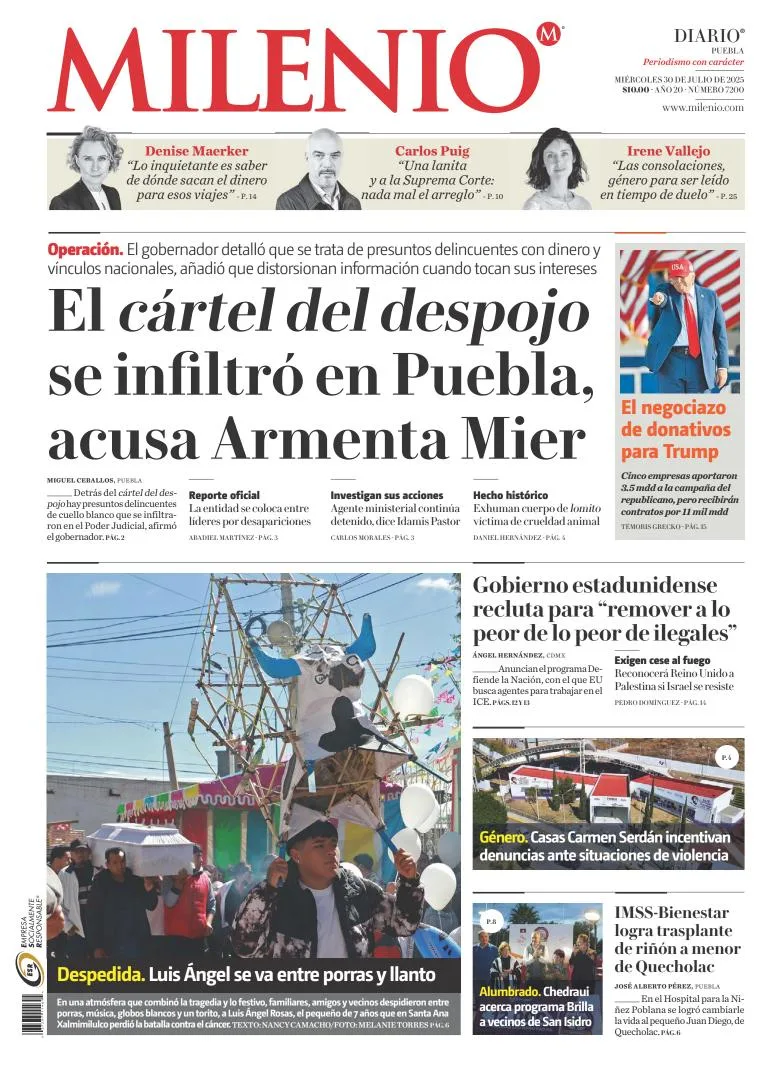 Portada de Milenio Puebla del miércoles, 30 de julio de 2025