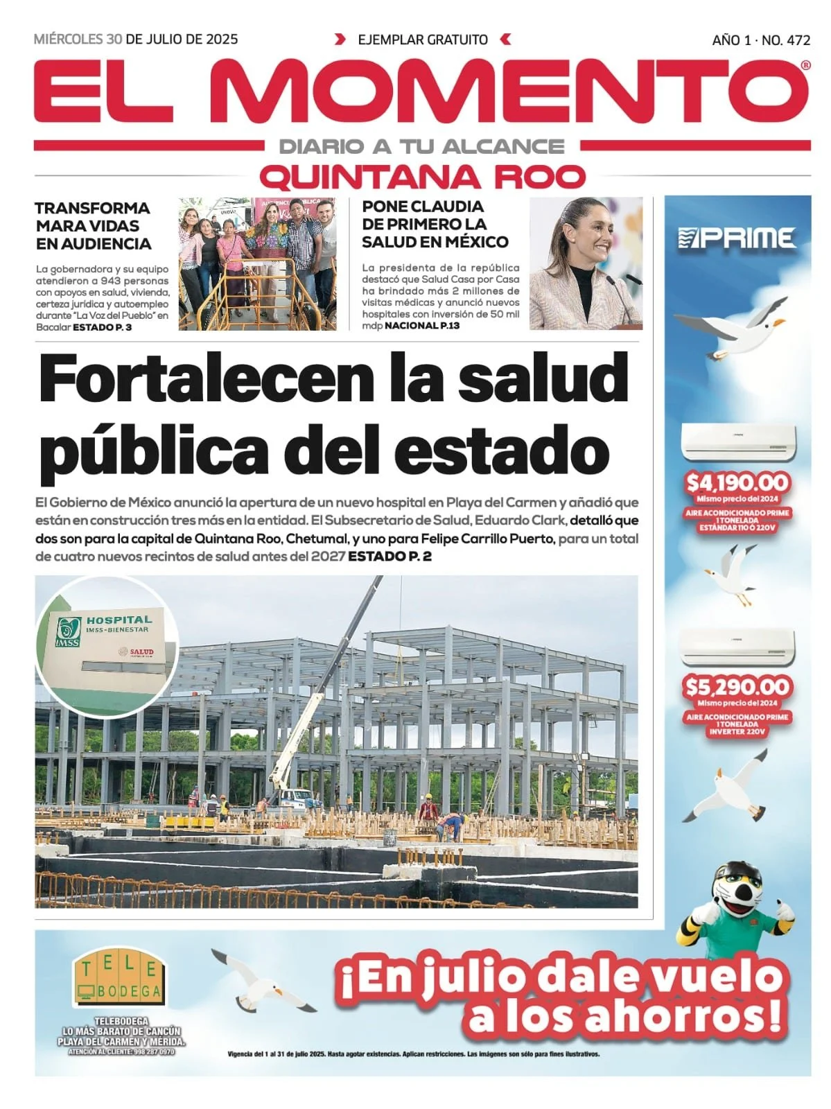 Portada de El Momento Quintana Roo del miércoles, 30 de julio de 2025