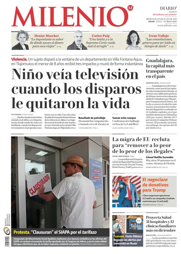 Portada de Milenio Jalisco del miércoles, 30 de julio de 2025