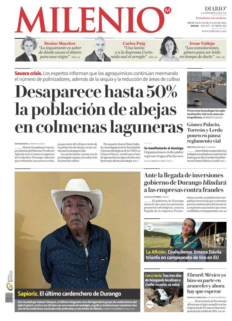 Portada de Milenio Laguna del miércoles, 30 de julio de 2025
