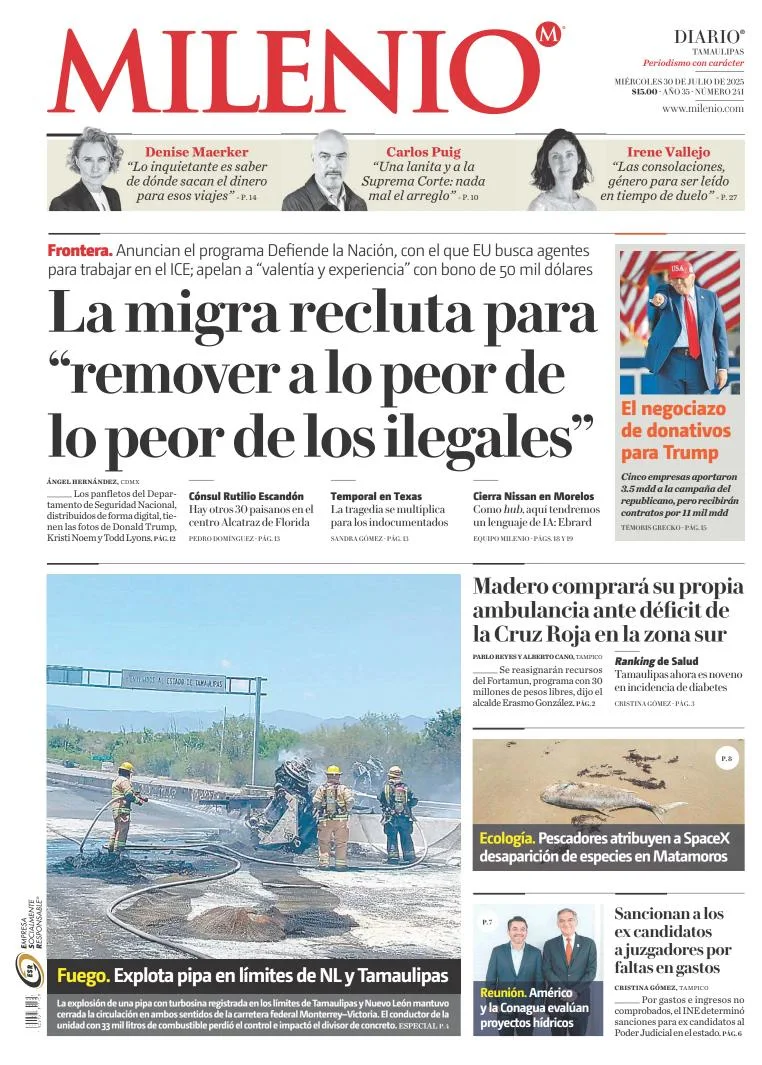 Portada de Milenio Tamaulipas del miércoles, 30 de julio de 2025