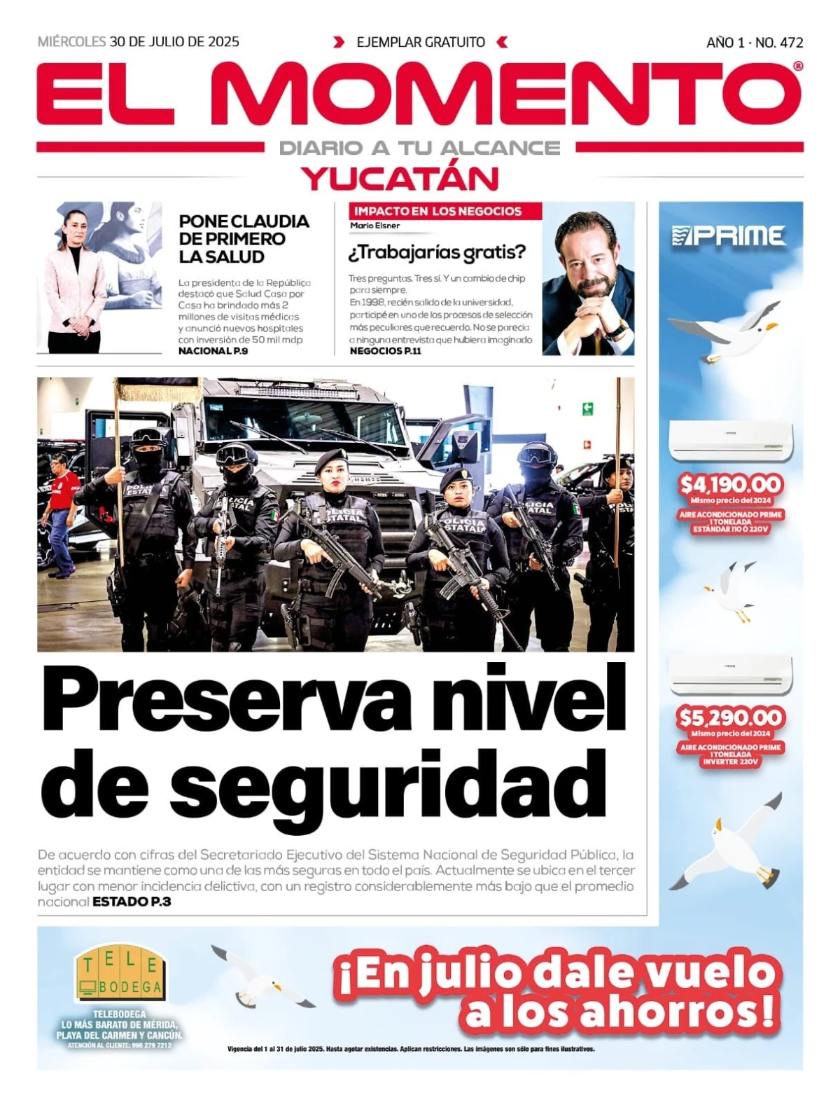Portada de El Momento Yucatan del miércoles, 30 de julio de 2025