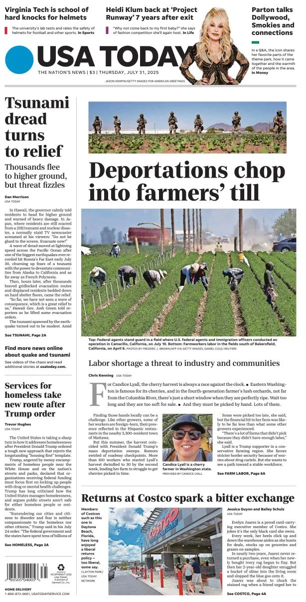 Portada de Usa Today del jueves, 31 de julio de 2025