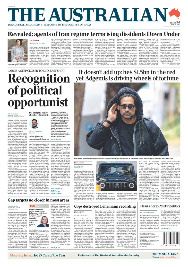 Portada de The Australian del jueves, 31 de julio de 2025