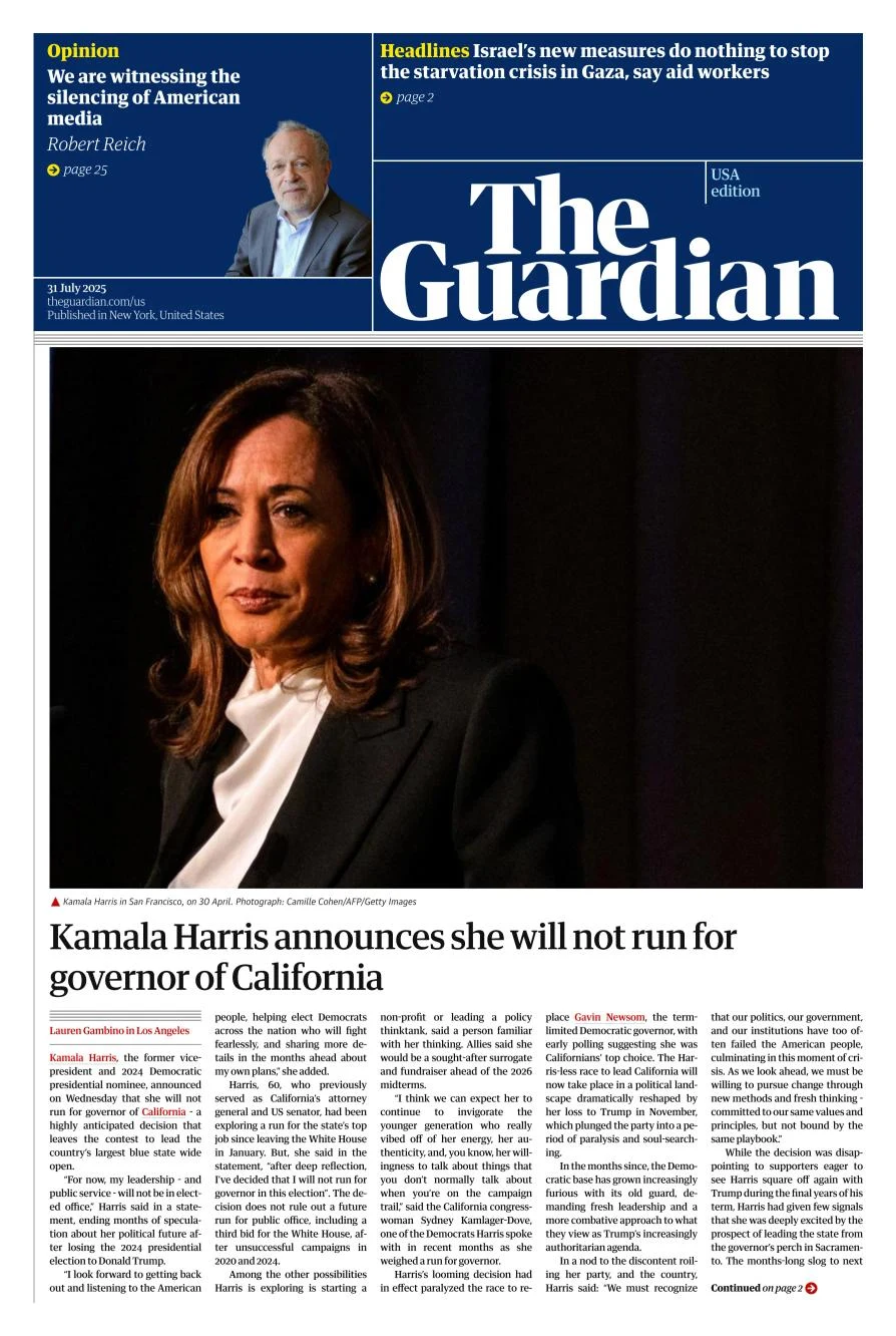 Portada de The Guardian (usa) del 2025-07-31