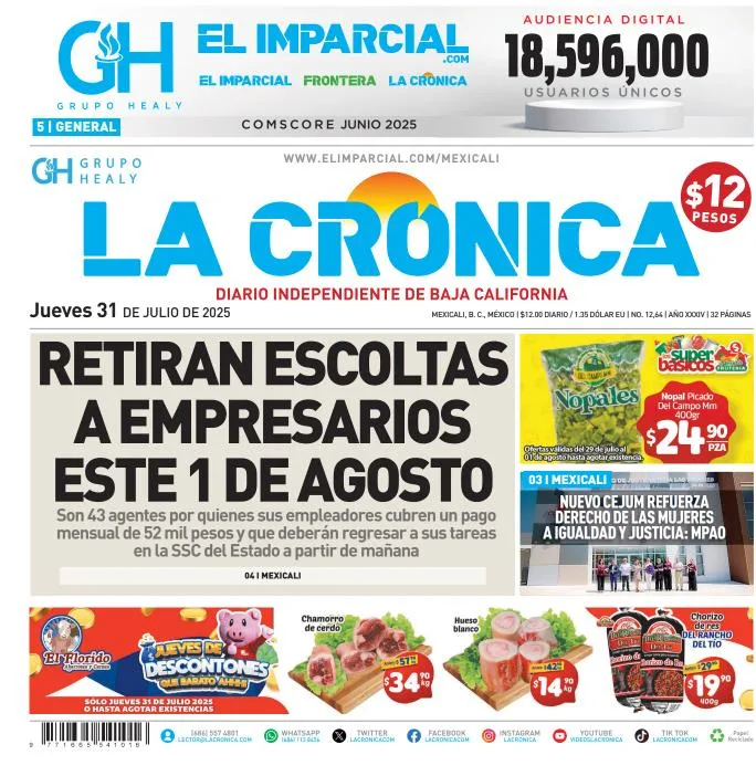 Portada de La Cronica del jueves, 31 de julio de 2025