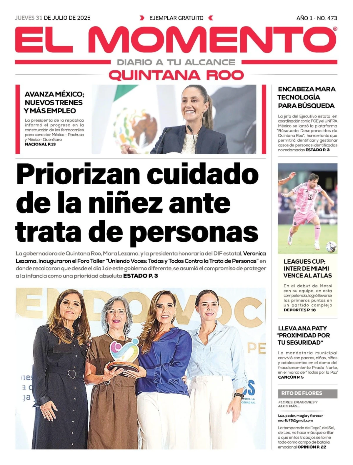 Portada de El Momento Quintana Roo del jueves, 31 de julio de 2025