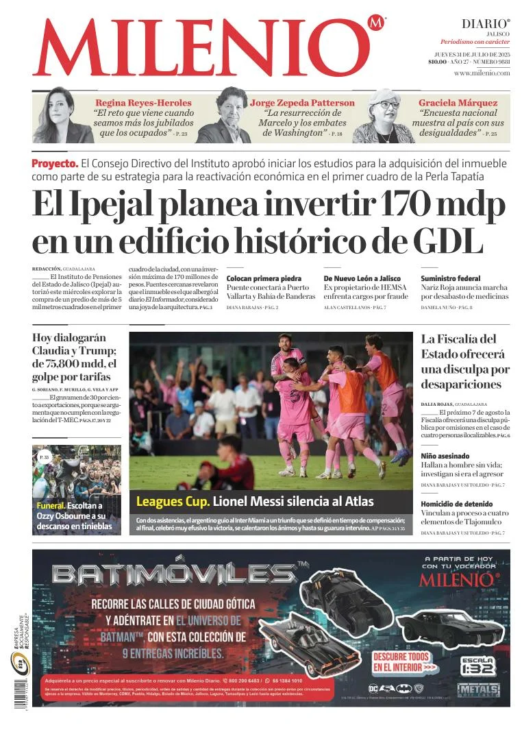 Portada de Milenio Jalisco del jueves, 31 de julio de 2025