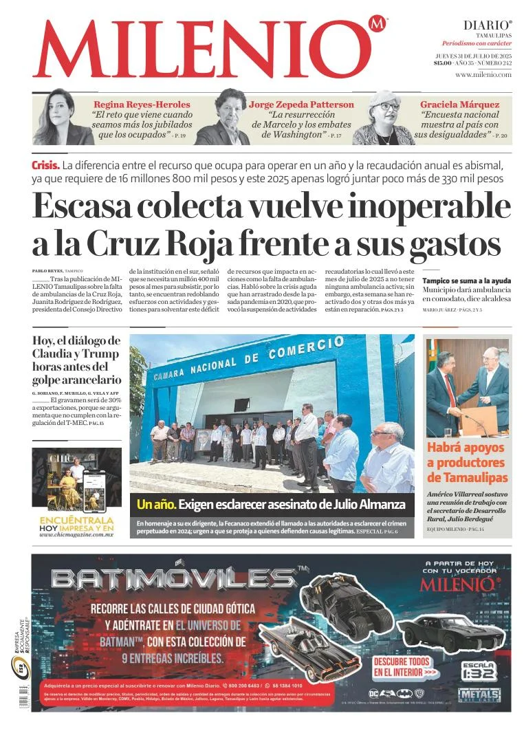 Portada de Milenio Tamaulipas del jueves, 31 de julio de 2025