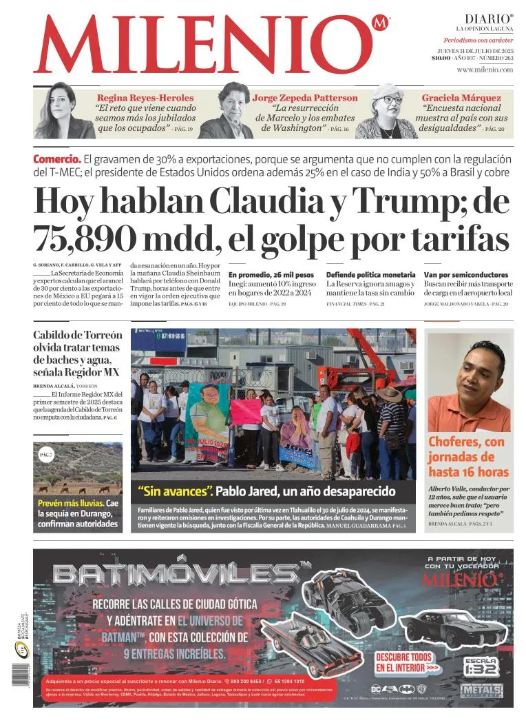 Portada de Milenio Laguna del jueves, 31 de julio de 2025