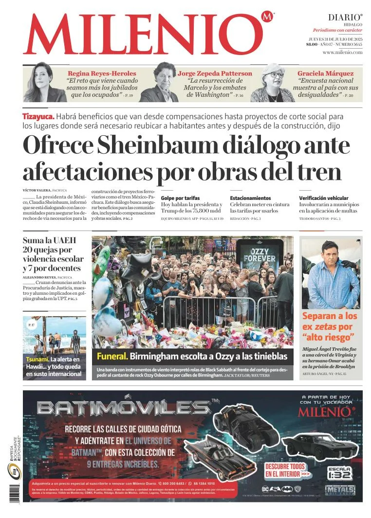 Portada de Milenio Hidalgo del jueves, 31 de julio de 2025