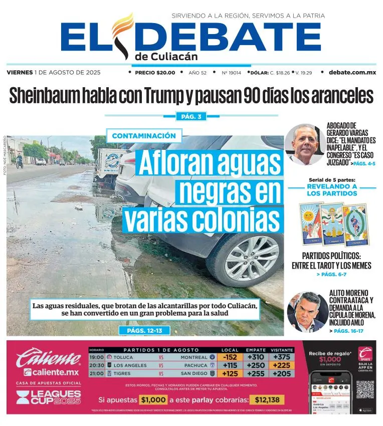 Portada de El Debate de Culiacan del viernes, 1 de agosto de 2025