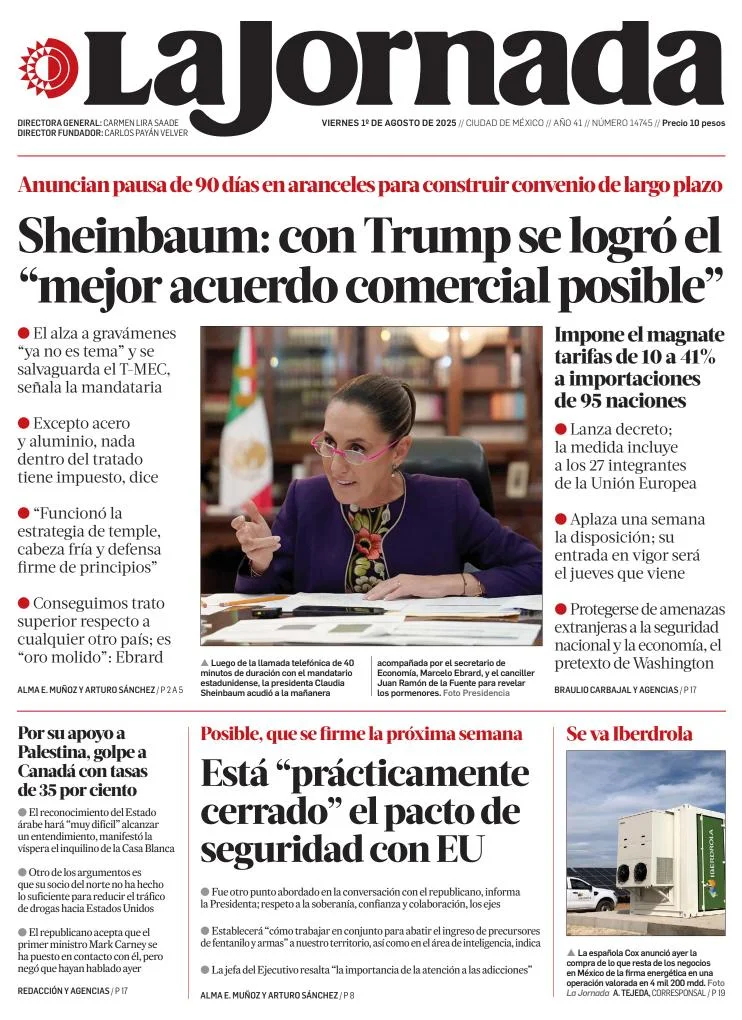 Portada de La Jornada del viernes, 1 de agosto de 2025