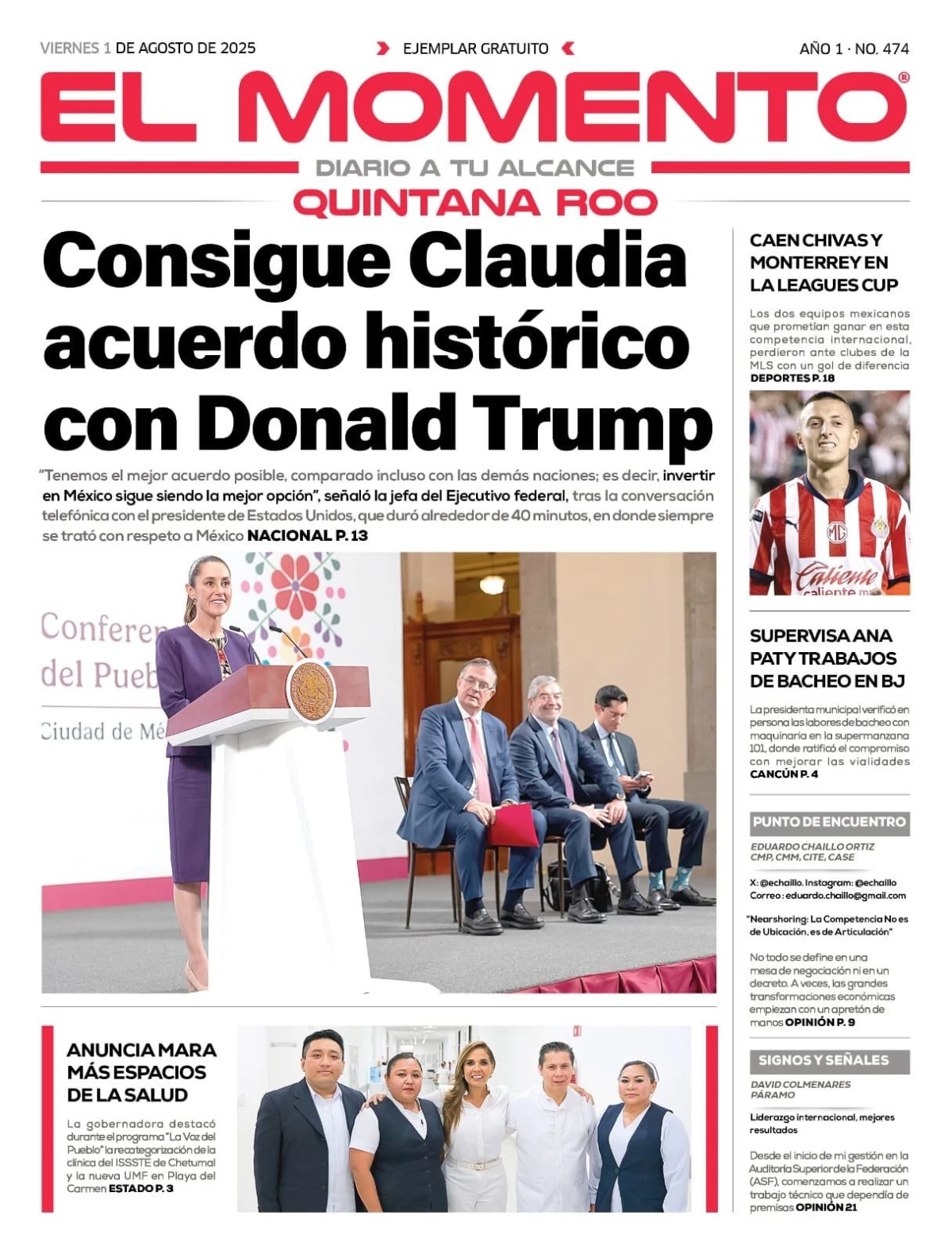 Portada de El Momento Quintana Roo del viernes, 1 de agosto de 2025