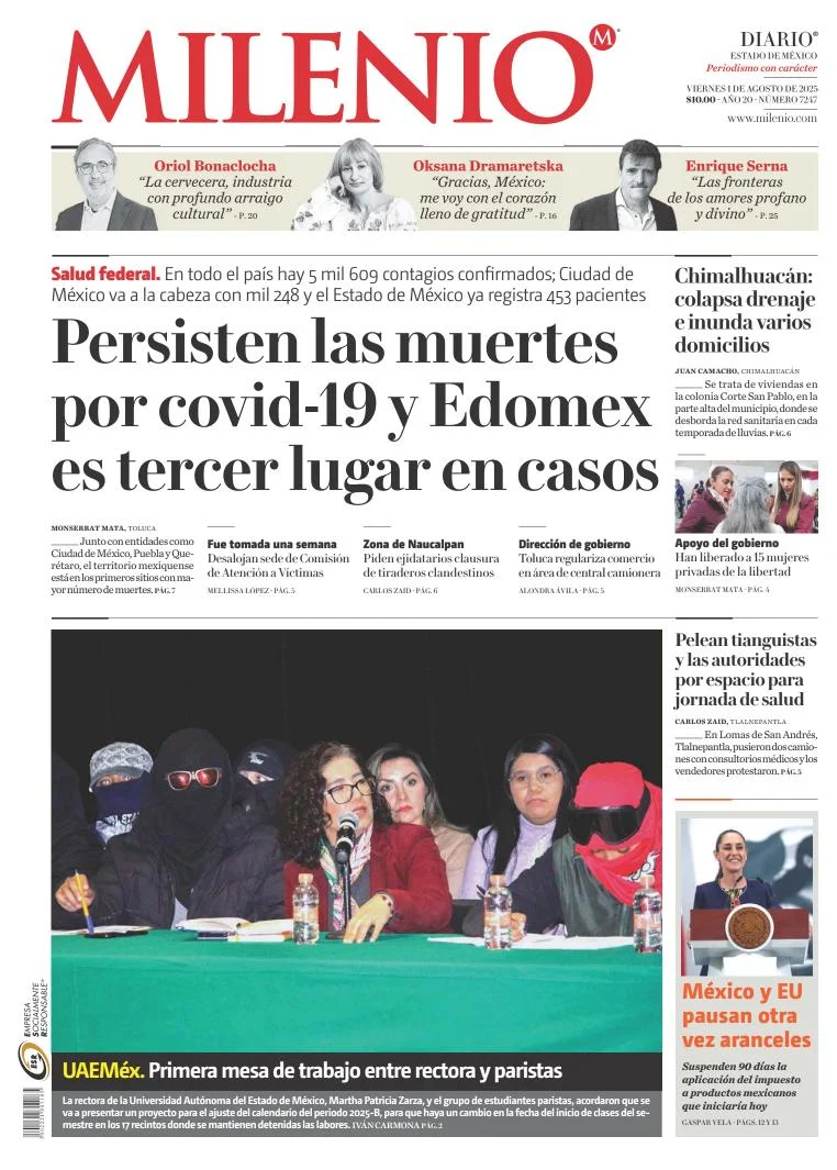 Portada de Milenio Edo de Mexico del viernes, 1 de agosto de 2025