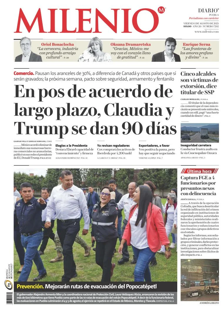 Portada de Milenio Puebla del viernes, 1 de agosto de 2025