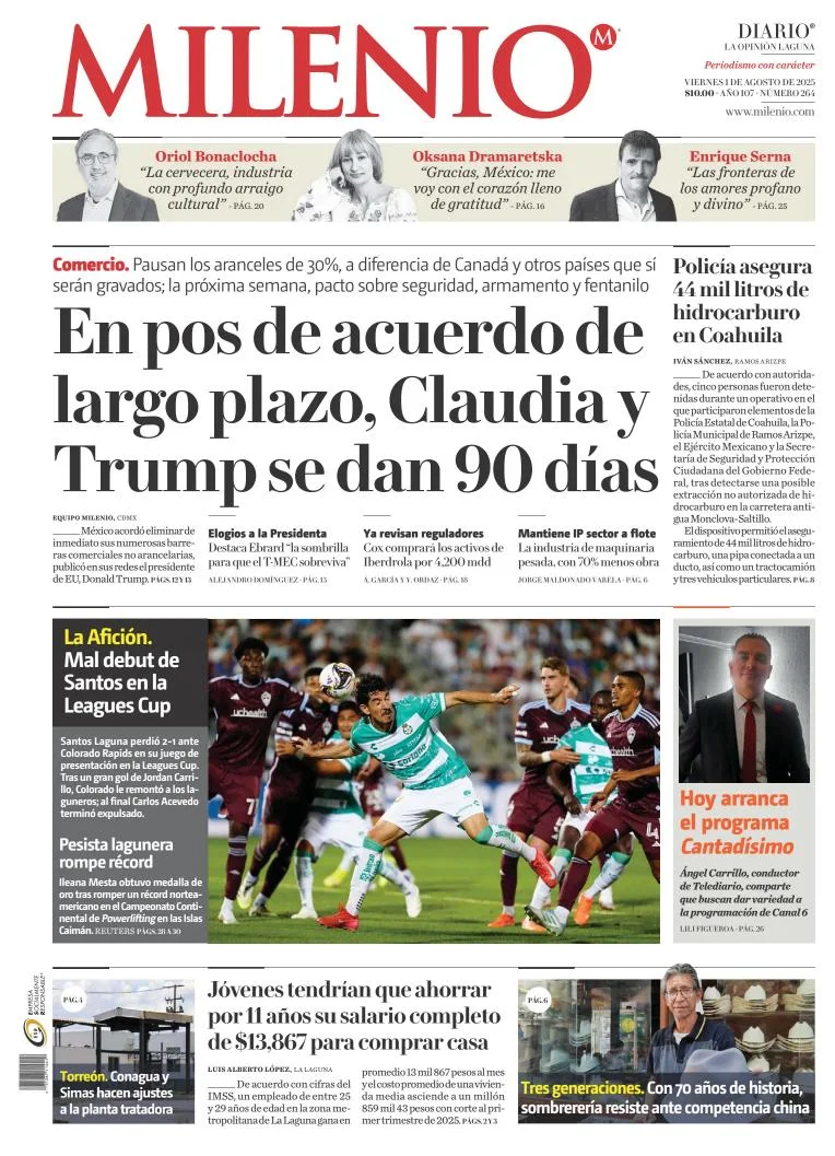 Portada de Milenio Laguna del viernes, 1 de agosto de 2025