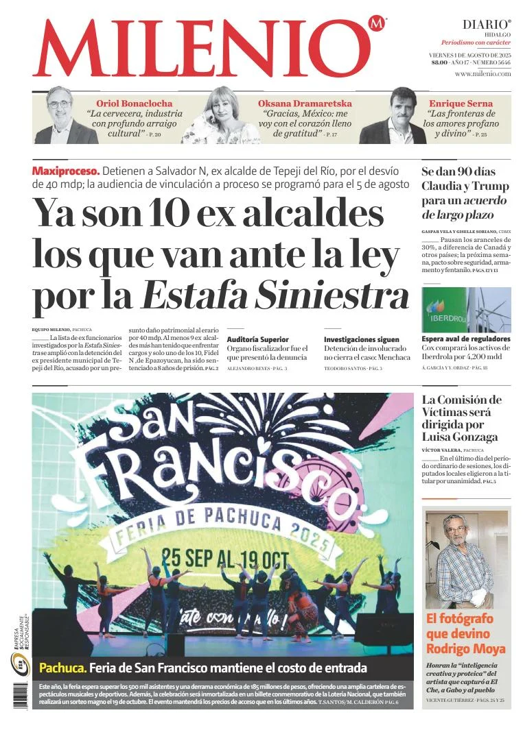 Portada de Milenio Hidalgo del viernes, 1 de agosto de 2025