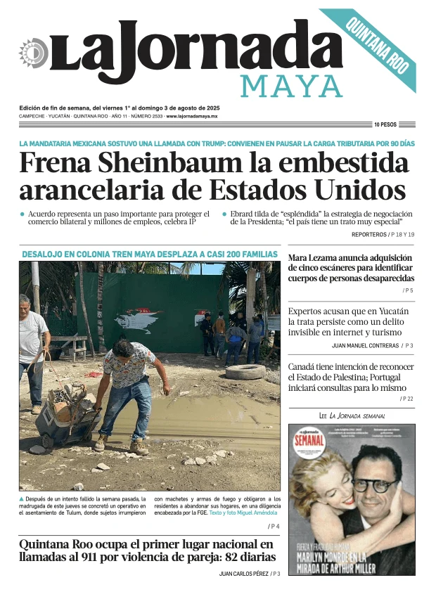 Portada de La Jornada Maya Quintana Roo del viernes, 1 de agosto de 2025