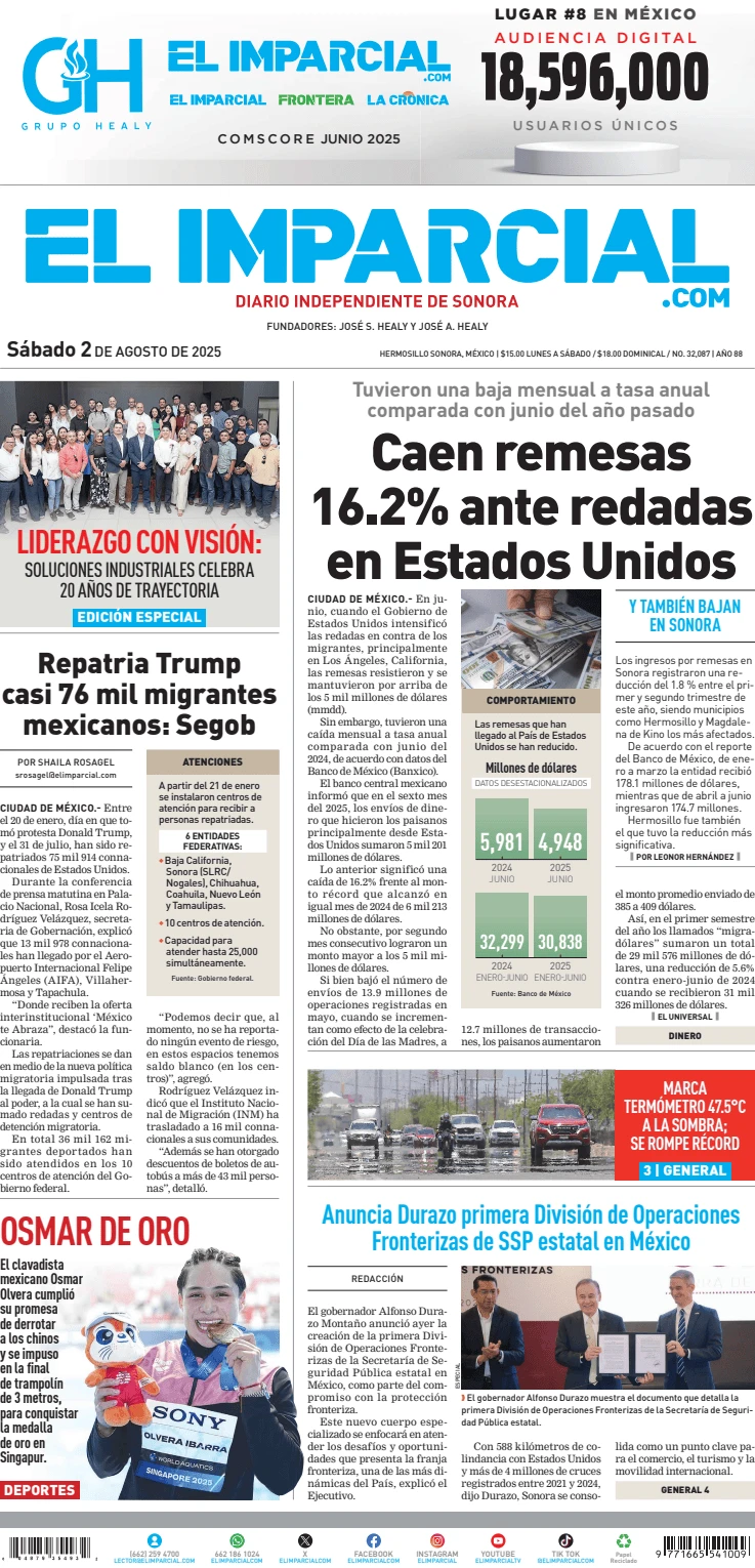 Portada de El Imparcial del sábado, 2 de agosto de 2025