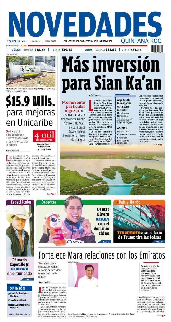 Portada de Novedades Quintana Roo del sábado, 2 de agosto de 2025