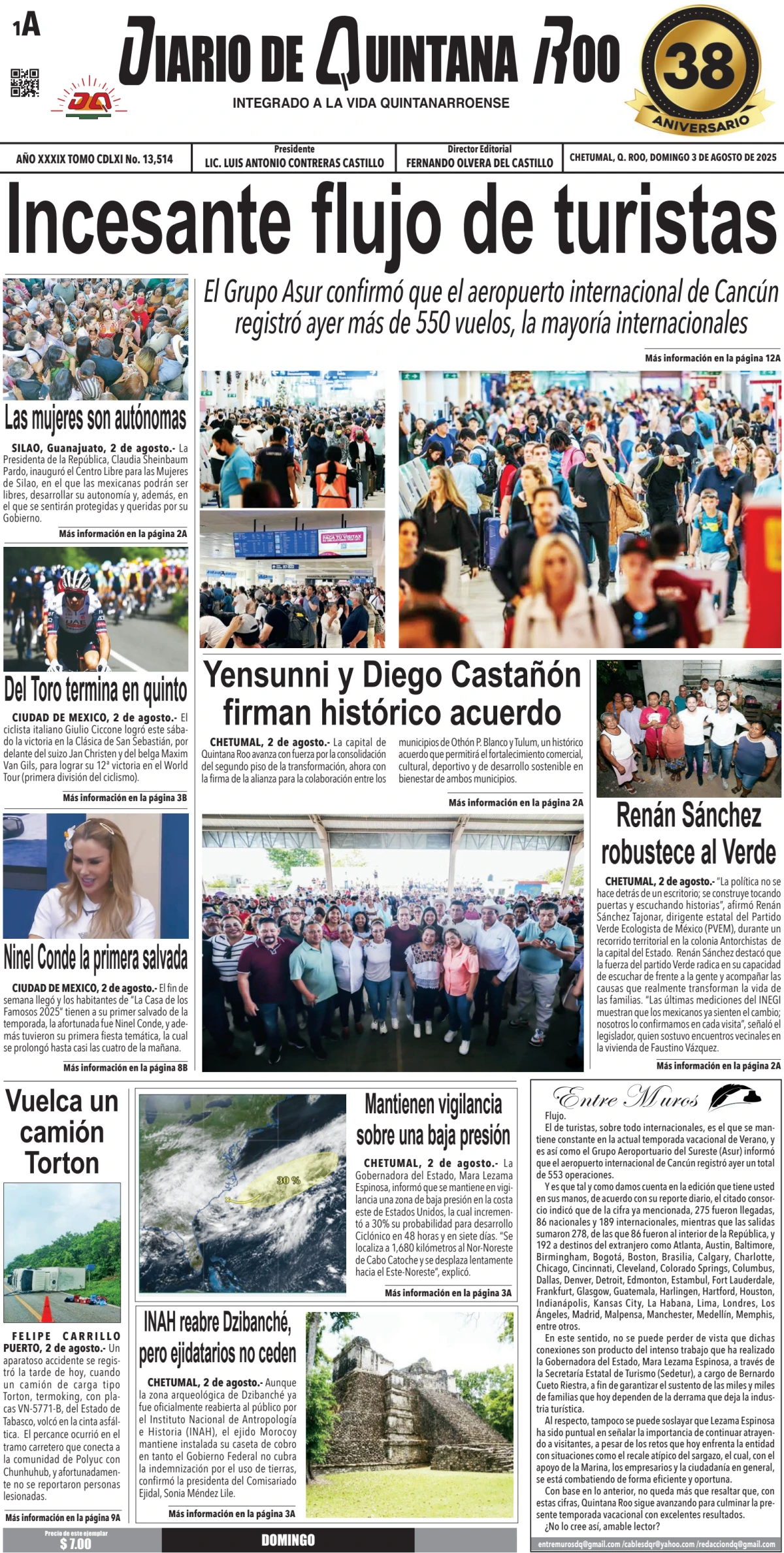 Portada de Diario de Quintana Roo (portada) del domingo, 3 de agosto de 2025