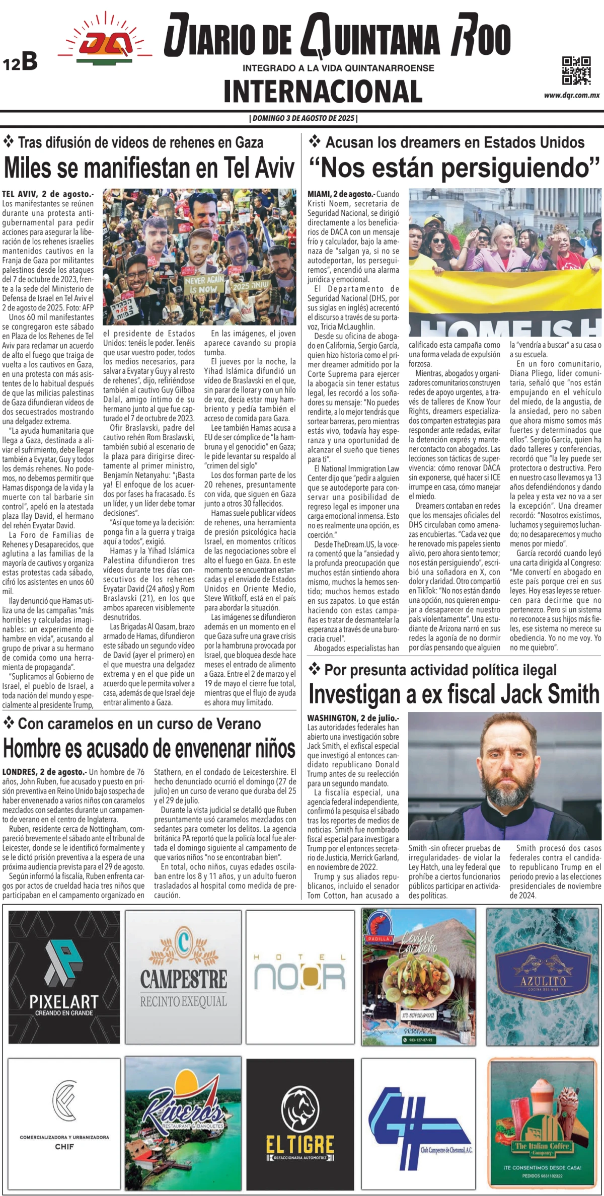 Portada de Diario de Quintana Roo (contra Portada) del domingo, 3 de agosto de 2025