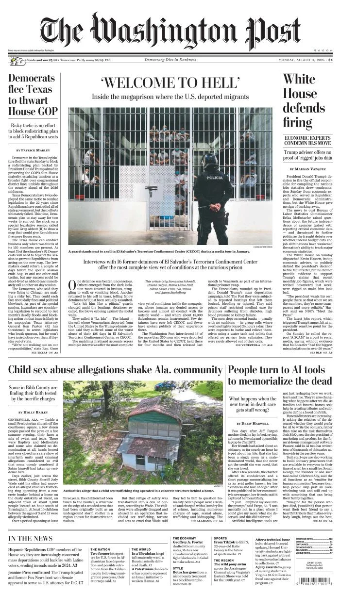 Portada de The Washington Post del lunes, 4 de agosto de 2025