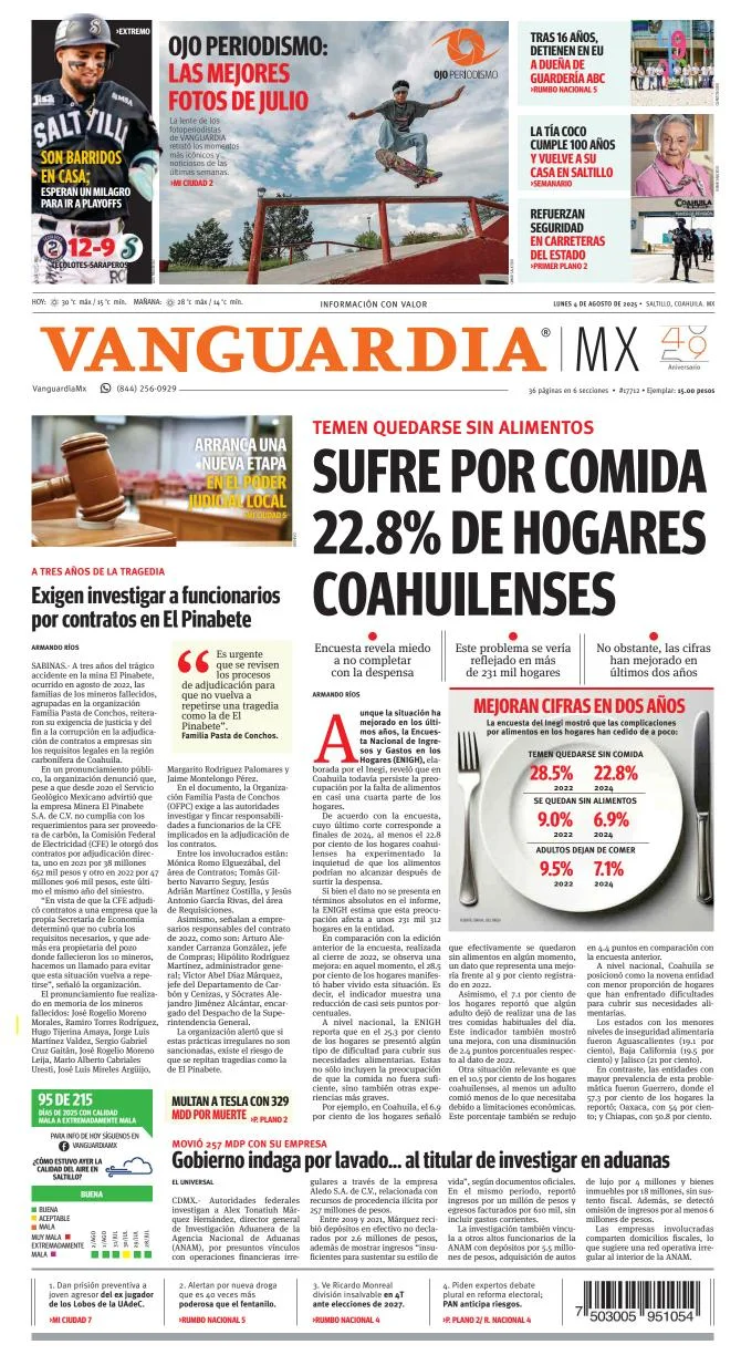 Portada de Vanguardia del lunes, 4 de agosto de 2025