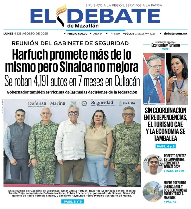 Portada de El Debate de Mazatlan del lunes, 4 de agosto de 2025