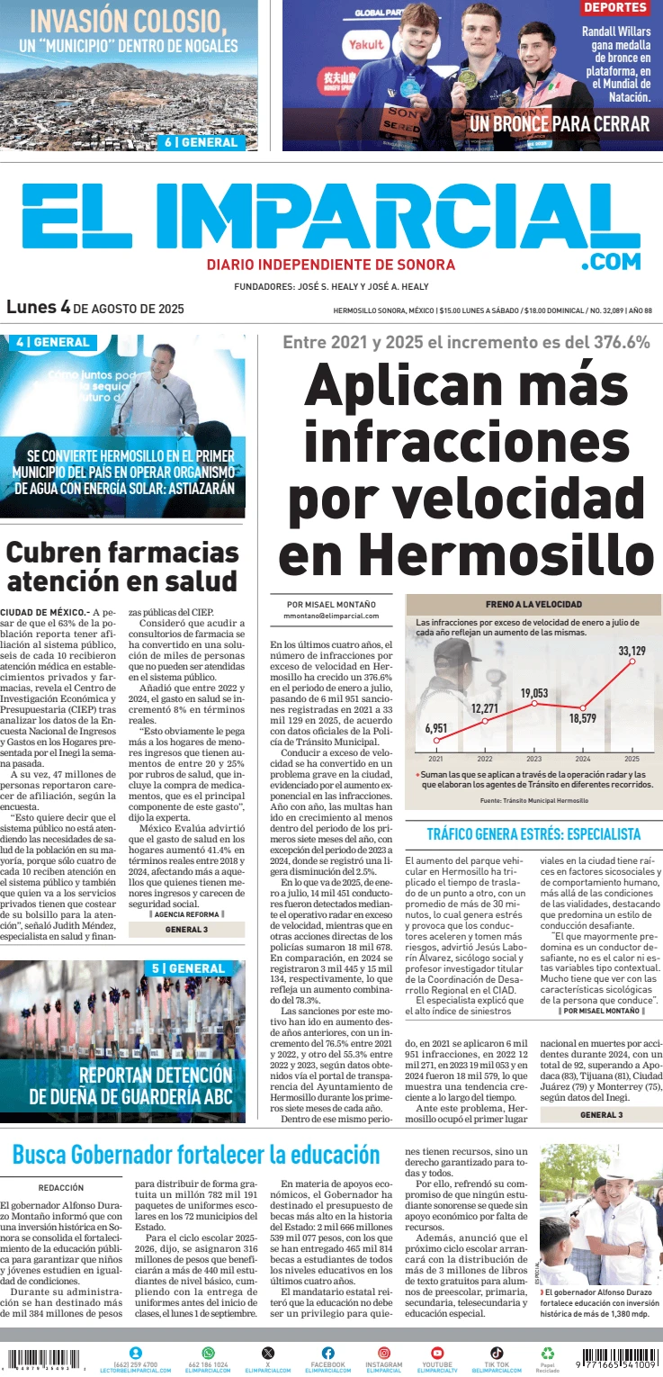 Portada de El Imparcial del lunes, 4 de agosto de 2025