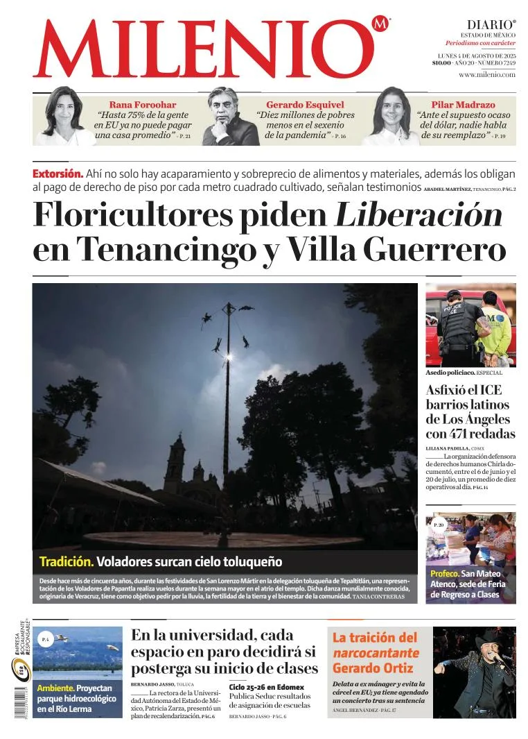 Portada de Milenio Edo de Mexico del lunes, 4 de agosto de 2025