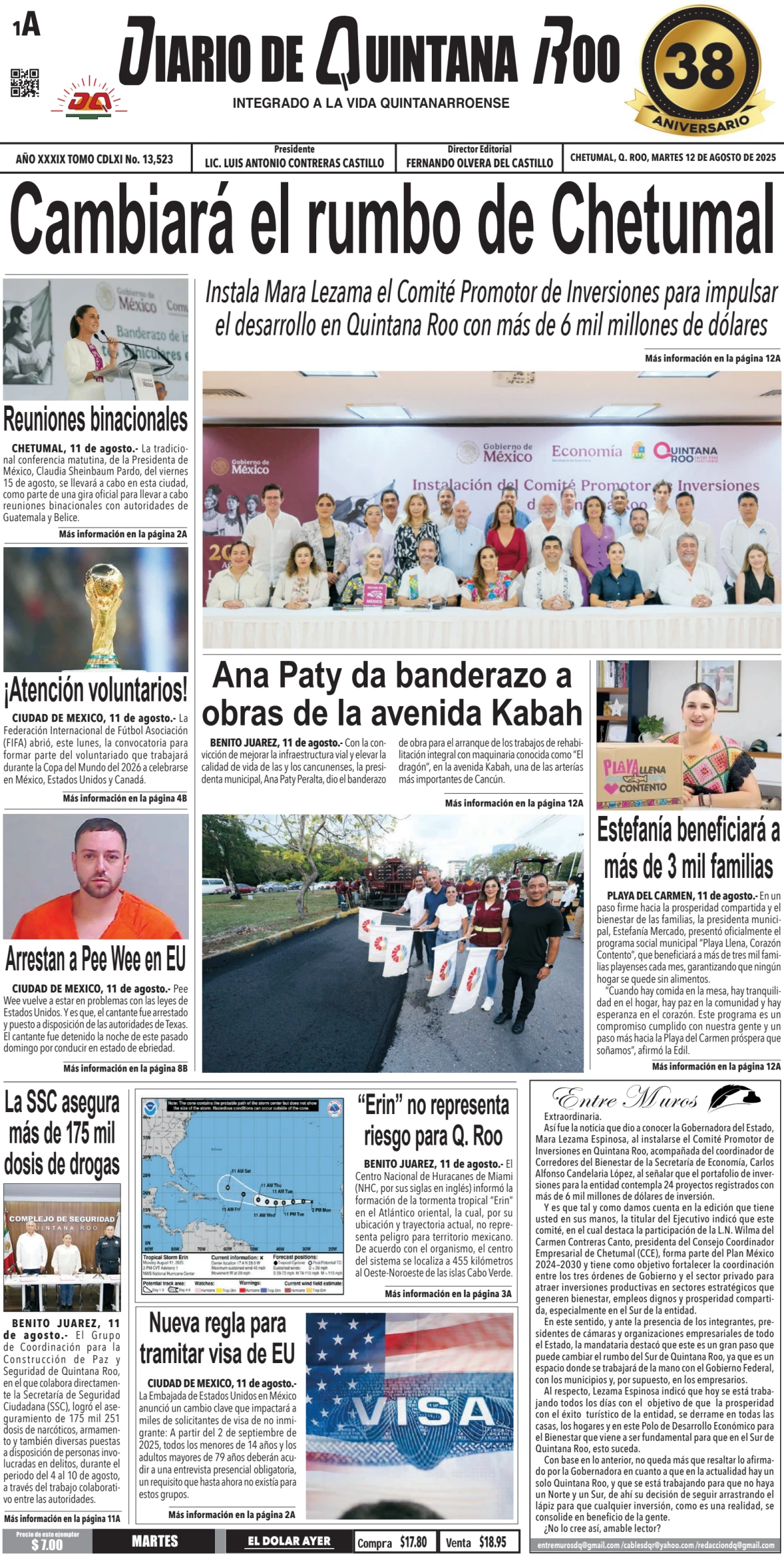 Portada de Diario de Quintana Roo (portada) del martes, 12 de agosto de 2025